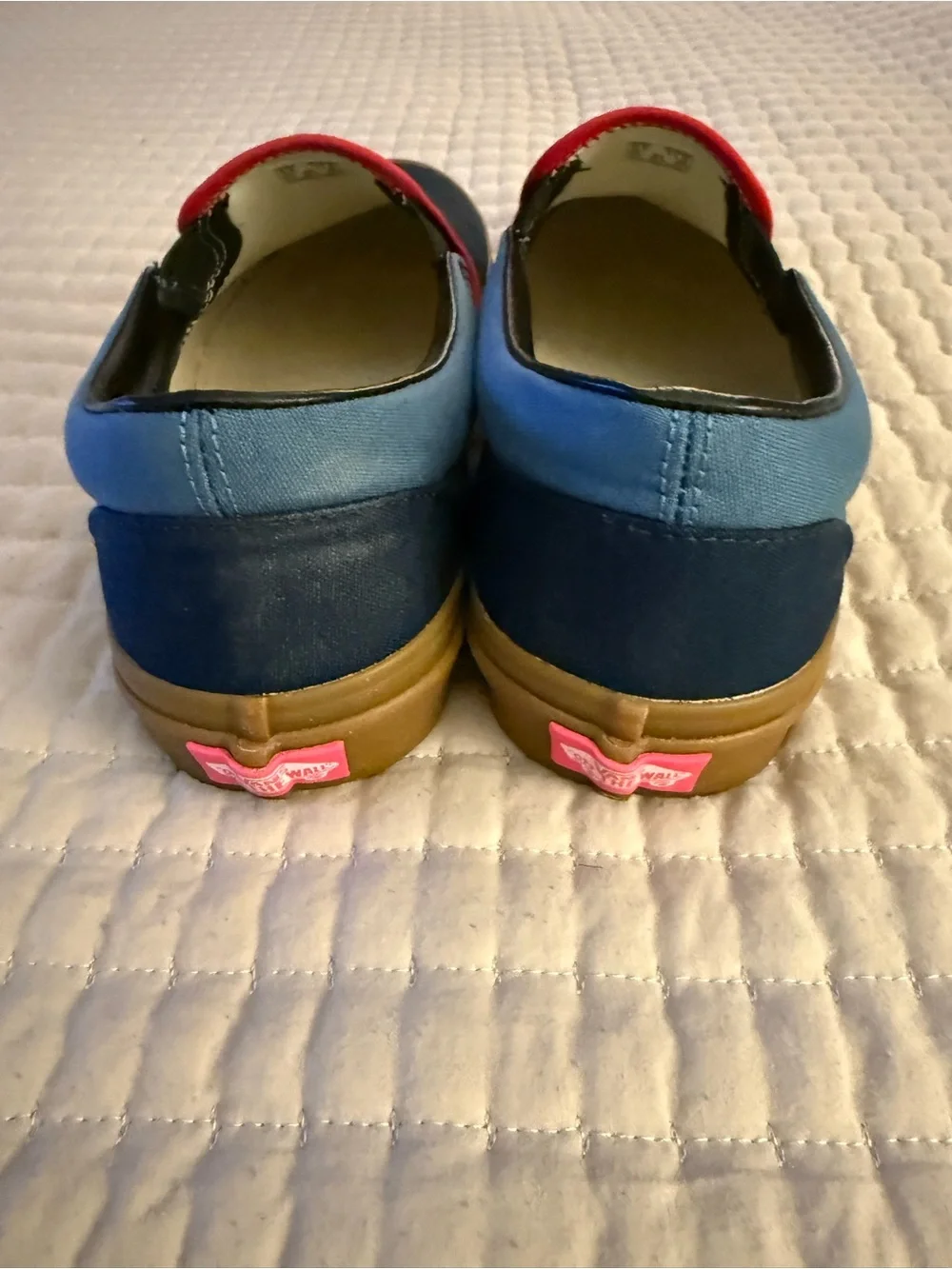 Vans custom Slip-On in Navy and Light Blue with Red Trim and Gum Sole